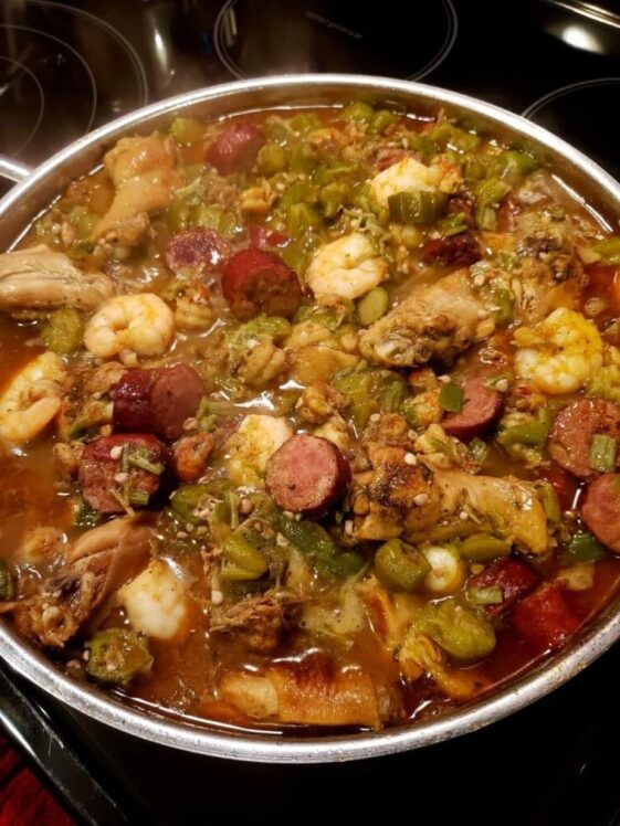 okra stew with chicken, sausage, shrimp and crawfish tails, onion and