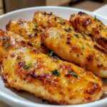"Air fryer honey butter garlic chicken tenders with a crispy golden coating and a drizzle of honey butter sauce."