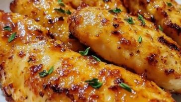 "Air fryer honey butter garlic chicken tenders with a crispy golden coating and a drizzle of honey butter sauce."