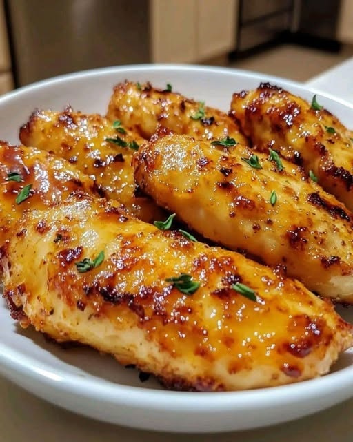 "Air fryer honey butter garlic chicken tenders with a crispy golden coating and a drizzle of honey butter sauce."