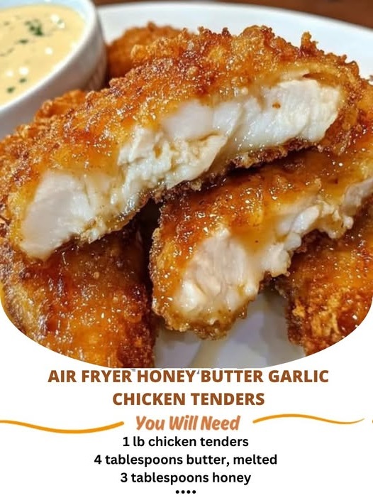 "Air fryer honey butter garlic chicken tenders with crispy golden coating and savory glaze, served with dipping sauce on a plate"