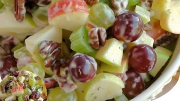 "Refreshing apple salad with Honeycrisp apples, celery, grapes, pecans, and dried cranberries in a bowl."