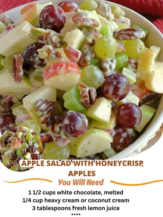 "Refreshing apple salad with Honeycrisp apples, celery, grapes, pecans, and dried cranberries in a bowl."