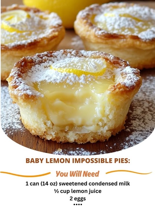 "Close-up shot of Baby Lemon Impossible Pies with golden crust and creamy lemon filling, garnished with a slice of lemon on top. Sweet and tangy bite-sized treats perfect for any occasion."