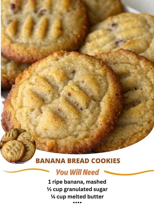 "Banana Bread Cookies – soft, chewy cookies filled with ripe bananas, cinnamon, and vanilla, offering the perfect blend of banana bread flavor in a cookie form."