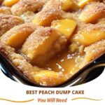 "Golden peach dump cake with a crumbly topping, served fresh from the oven."