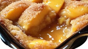 "Golden peach dump cake with a crumbly topping, served fresh from the oven."