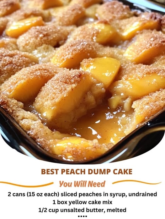 "Golden peach dump cake with a crumbly topping, served fresh from the oven."