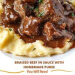 "Braised beef in savory sauce served with creamy homemade puree, garnished with fresh herbs and vegetables."