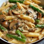 "Creamy Mushroom and Asparagus Chicken Penne served in a bowl, with a rich creamy sauce, tender chicken, and fresh asparagus."