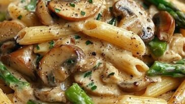 "Creamy Mushroom and Asparagus Chicken Penne served in a bowl, with a rich creamy sauce, tender chicken, and fresh asparagus."