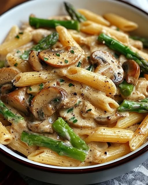 "Creamy Mushroom and Asparagus Chicken Penne served in a bowl, with a rich creamy sauce, tender chicken, and fresh asparagus."