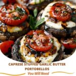 "Caprese stuffed garlic butter portobellos with melted mozzarella, fresh basil, and ripe tomatoes."