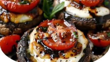 "Caprese stuffed garlic butter portobellos with melted mozzarella, fresh basil, and ripe tomatoes."