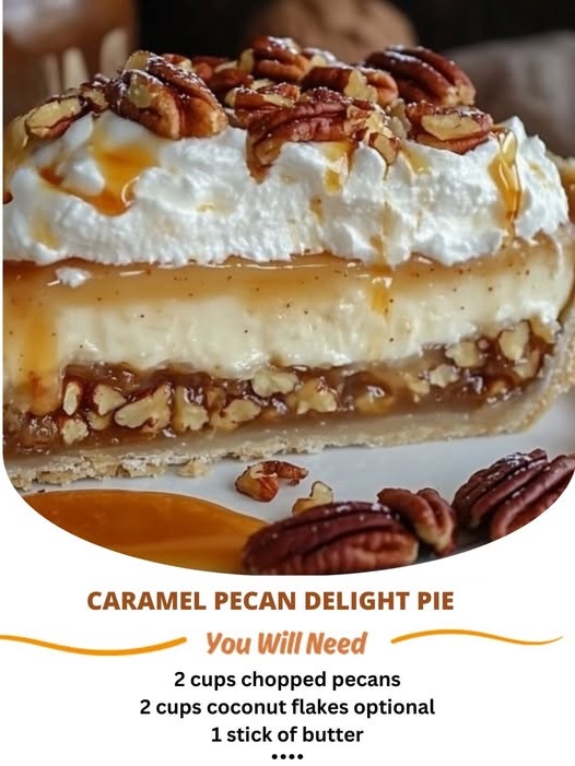 "Slice of caramel pecan delight pie with a golden, flaky crust, topped with rich caramel sauce and chopped pecans."