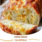 "Golden, freshly baked cheese bread with a crispy crust, oozing melted cheese from the center, sliced and served on a wooden board."