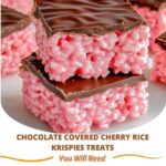 Chocolate-covered Rice Krispies treats with a cherry center, drizzled with a layer of rich chocolate, creating a glossy finish. Each square is topped with a bright red maraschino cherry, adding a pop of color and flavor.