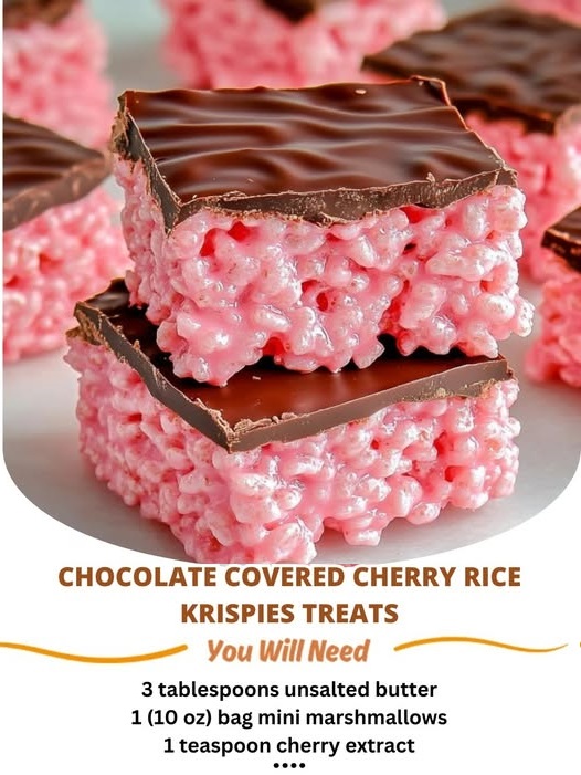 Chocolate-covered Rice Krispies treats with a cherry center, drizzled with a layer of rich chocolate, creating a glossy finish. Each square is topped with a bright red maraschino cherry, adding a pop of color and flavor.