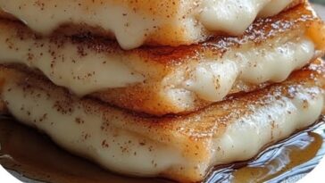 "Churro stuffed French toast with cinnamon sugar coating, golden brown toast, and a gooey filling."