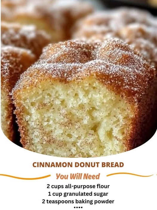 "Cinnamon Donut Bread – a soft, sweet bread filled with a cinnamon swirl and topped with a sugary cinnamon coating, making for the perfect morning treat."