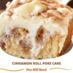 "Delicious cinnamon roll poke cake with gooey cinnamon filling and a sweet glaze on top"
