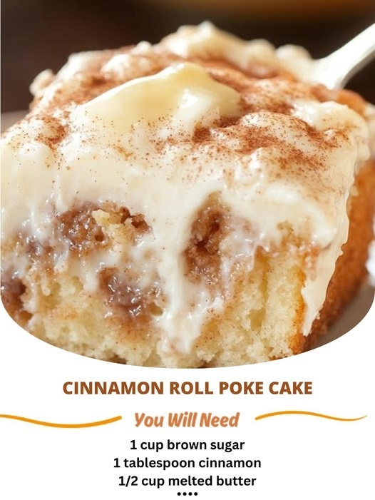 "Delicious cinnamon roll poke cake with gooey cinnamon filling and a sweet glaze on top"