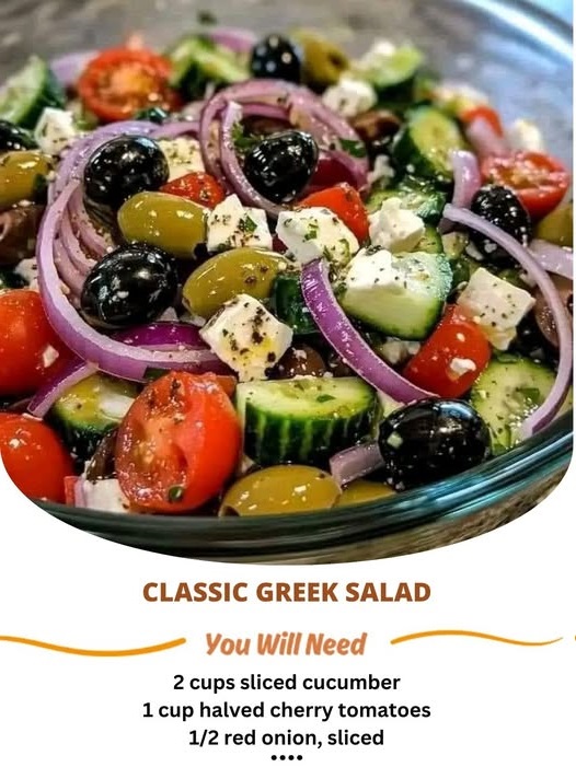 “Classic Greek Salad, fresh vegetables, cucumber, tomatoes, red onion, Kalamata olives, feta cheese, olive oil dressing, refreshing, Mediterranean flavors, healthy salad, traditional Greek recipe, vibrant colors, healthy eating, delicious Greek dish”