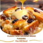 "Delicious serving of Classic New Orleans Bread Pudding with a golden-brown crust, drizzled with rich vanilla sauce, and garnished with a dusting of cinnamon. A comforting southern dessert perfect for any occasion."