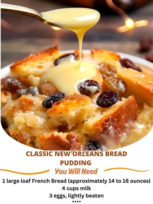 "Delicious serving of Classic New Orleans Bread Pudding with a golden-brown crust, drizzled with rich vanilla sauce, and garnished with a dusting of cinnamon. A comforting southern dessert perfect for any occasion."