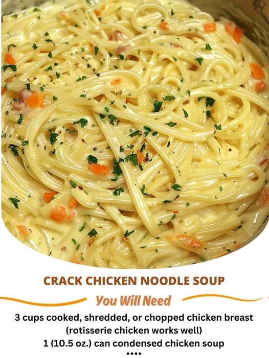 "Bowl of crack chicken noodle soup with tender chicken, noodles, creamy broth, and a sprinkle of cheese, garnished with fresh herbs."