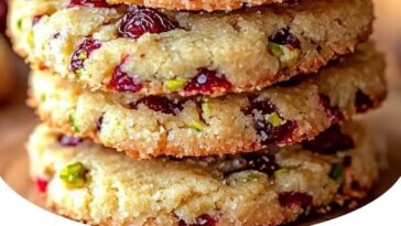 "Cranberry Pistachio Shortbread Cookies – buttery, crisp cookies filled with tart cranberries and crunchy pistachios, creating a festive and delicious treat."
