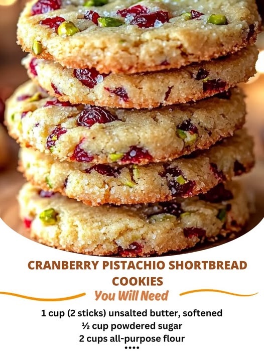 "Cranberry Pistachio Shortbread Cookies – buttery, crisp cookies filled with tart cranberries and crunchy pistachios, creating a festive and delicious treat."