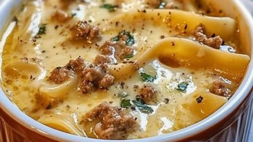 "A steaming bowl of creamy Alfredo lasagna soup with tender noodles, melted cheese, and a rich, creamy broth."