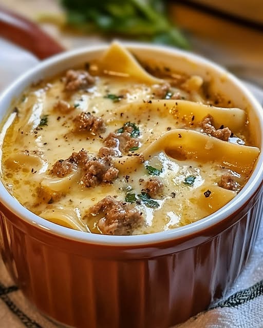 "A steaming bowl of creamy Alfredo lasagna soup with tender noodles, melted cheese, and a rich, creamy broth."