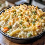 A creamy chicken pot pie pasta bake topped with a golden, bubbly crust. The dish is filled with tender pieces of chicken, vegetables like carrots and peas, and creamy sauce, all mixed with pasta and baked until perfectly golden.