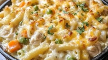A creamy chicken pot pie pasta bake topped with a golden, bubbly crust. The dish is filled with tender pieces of chicken, vegetables like carrots and peas, and creamy sauce, all mixed with pasta and baked until perfectly golden.
