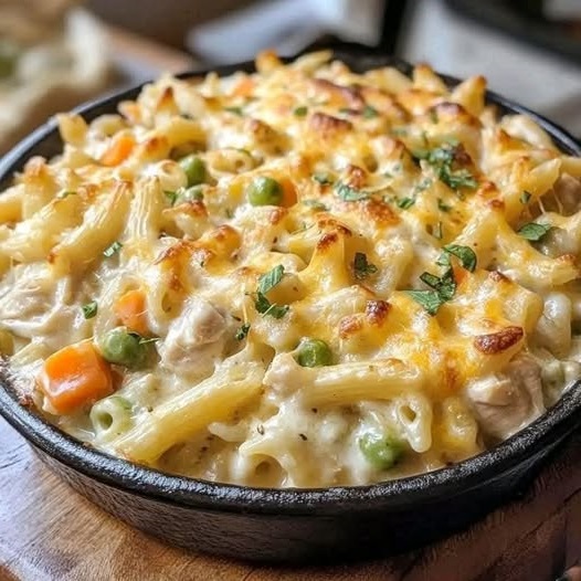 A creamy chicken pot pie pasta bake topped with a golden, bubbly crust. The dish is filled with tender pieces of chicken, vegetables like carrots and peas, and creamy sauce, all mixed with pasta and baked until perfectly golden.
