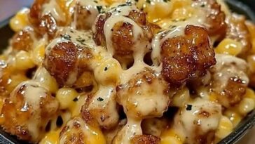 "Creamy Honey Pepper Chicken Mac and Cheese served in a bowl with melted cheese and a peppery glaze."