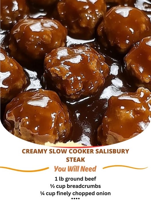 "Slow Cooker Salisbury Steak Meatballs: Tender beef meatballs in a savory brown gravy, cooked to perfection for a comforting, hearty meal."