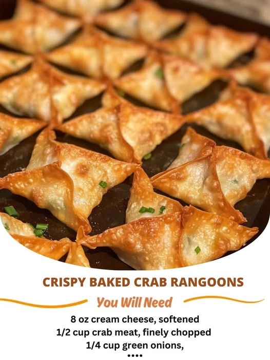 "Crispy baked crab rangoons with a golden-brown, crunchy exterior, stuffed with a creamy crab and cream cheese filling, served on a plate with dipping sauce."