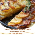 "Golden, crispy potato torte drizzled with balsamic glaze and garnished with fresh thyme leaves."