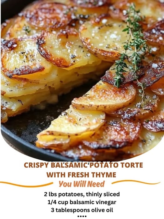 "Golden, crispy potato torte drizzled with balsamic glaze and garnished with fresh thyme leaves."