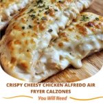 "Crispy chicken Alfredo calzones with melted cheese, golden-brown crust, and a rich, creamy filling, cooked in an air fryer."