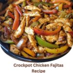 "Crockpot Chicken Fajitas: Tender chicken cooked with bell peppers and onions in a savory blend of spices, served as a delicious and easy weeknight dinner."