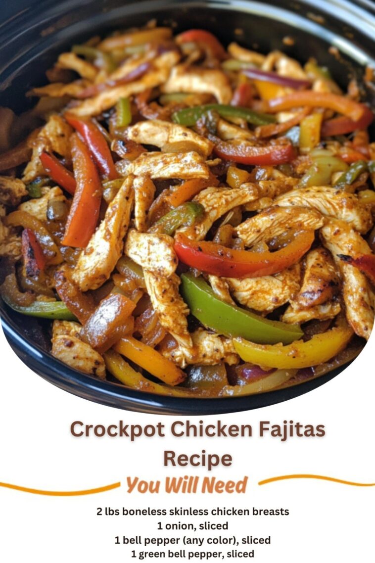 "Crockpot Chicken Fajitas: Tender chicken cooked with bell peppers and onions in a savory blend of spices, served as a delicious and easy weeknight dinner."