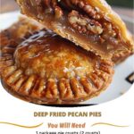 "Golden, crispy deep-fried pecan pies, with a gooey caramel filling and toasted pecans peeking through the crispy crust."