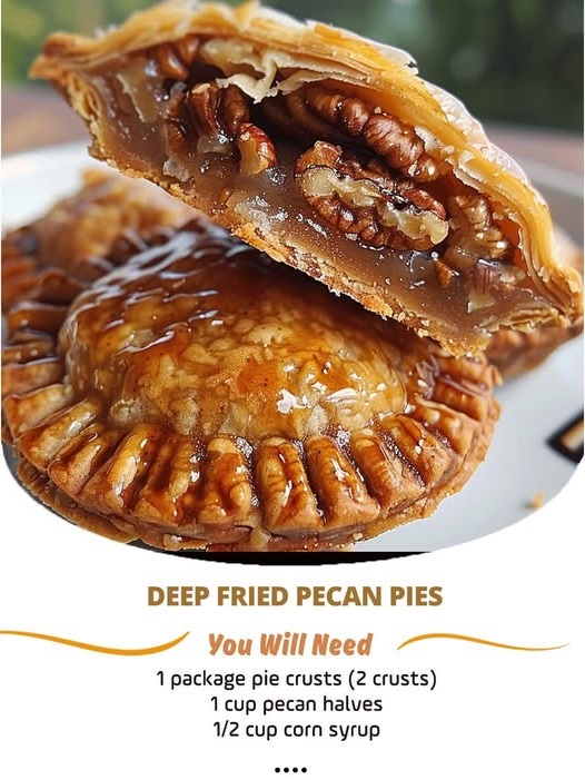 "Golden, crispy deep-fried pecan pies, with a gooey caramel filling and toasted pecans peeking through the crispy crust."
