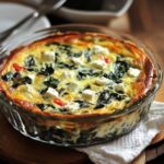 "Slice of crustless spinach and feta quiche on a plate, with vibrant spinach and crumbled feta cheese, garnished with fresh herbs."