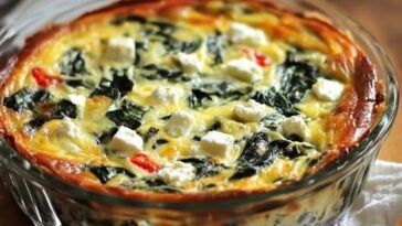 "Slice of crustless spinach and feta quiche on a plate, with vibrant spinach and crumbled feta cheese, garnished with fresh herbs."