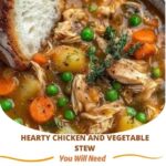 A bowl of hearty chicken and vegetable stew filled with tender chicken pieces, carrots, potatoes, and green beans, all simmered in a flavorful broth. The dish is garnished with fresh herbs for an extra touch of color and flavor.